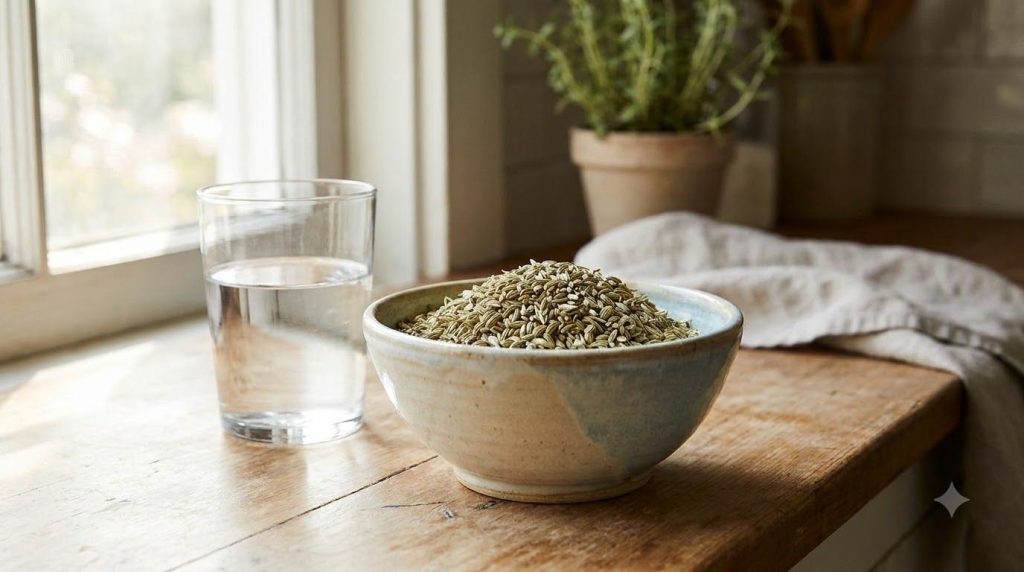 A small bowl of whole fennel seeds next to a glass of filtered water on a kitchen counter