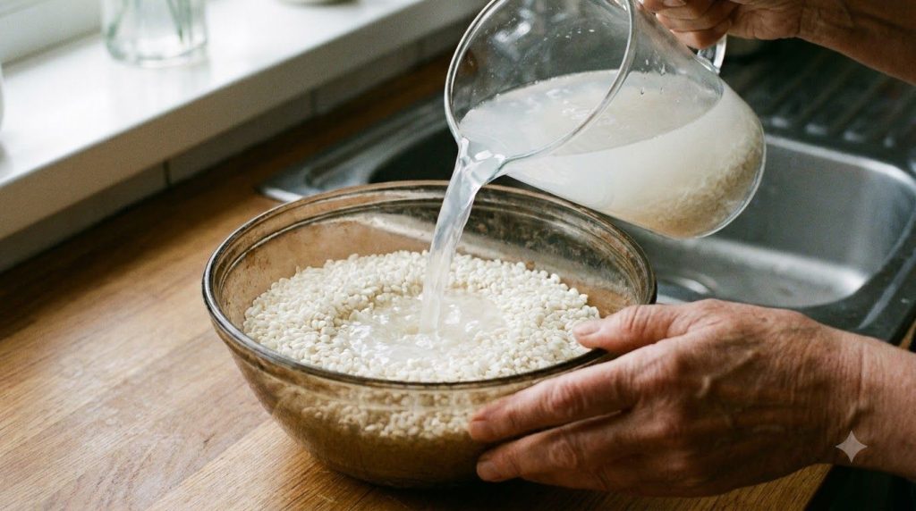 A bowl of uncooked white rice being rinsed with water showing the cloudy water