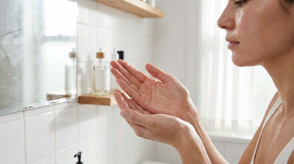 A person gently patting rice water onto their clean face with cotton pads or clean hands