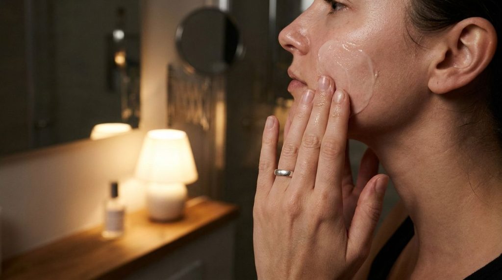 A person gently massaging a small amount of the glass skin blend onto their face at night emphasizing gentle application