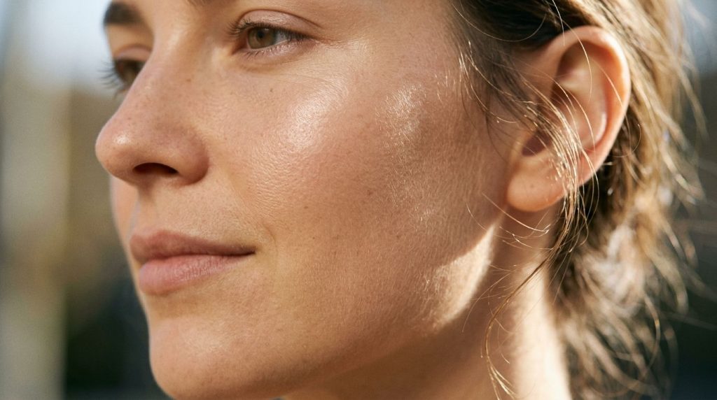 Close-up of a woman s radiant smooth skin after using a beauty product showing subtle glow and even tone
