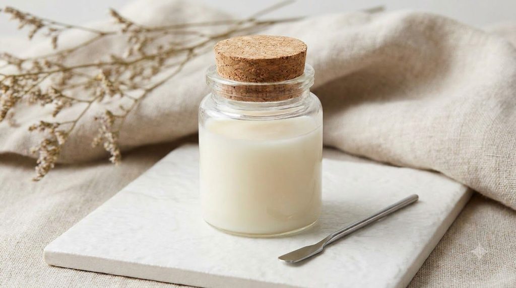 A small clean glass jar filled with the freshly made Vaseline aloe vera and Vitamin E mix with a tiny spatula resting be