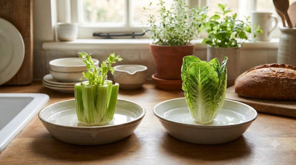 A celery base and a romaine lettuce base regrowing in shallow bowls of water on a kitchen counter with new green leaves 