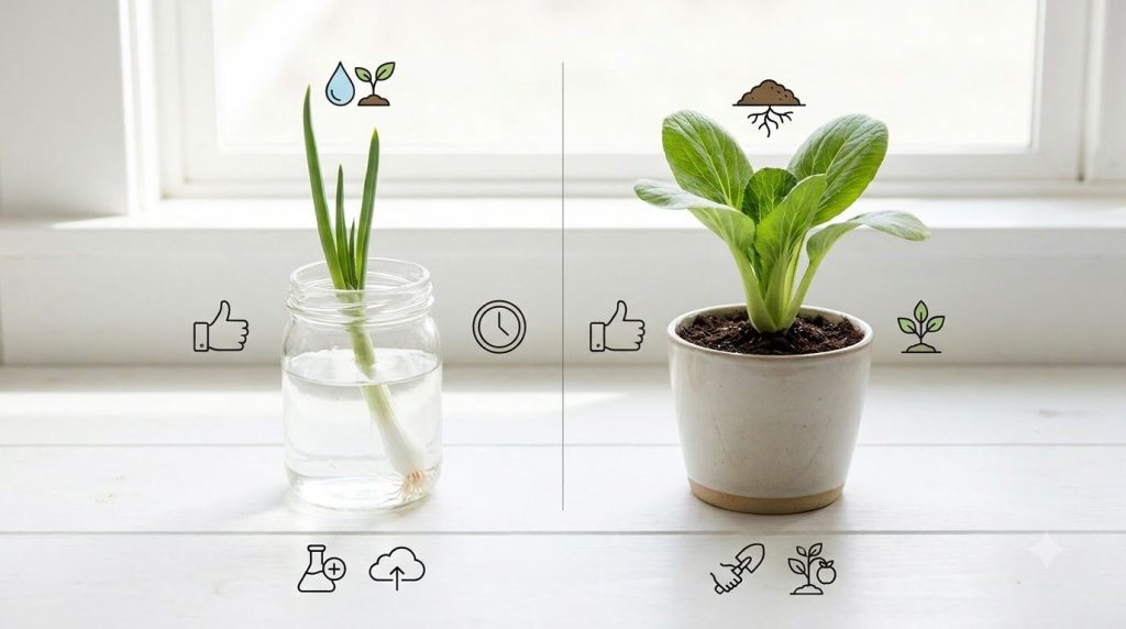 A side-by-side comparison table of regrowing vegetables in water versus soil showing pros and cons for each method