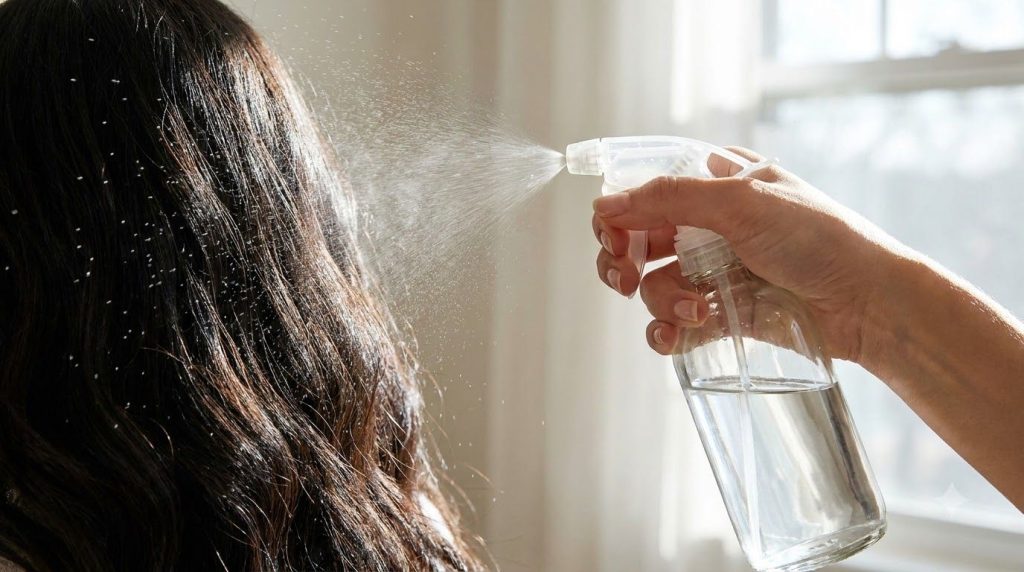 A close-up of a person spraying an aloe vera hair mist onto their hair