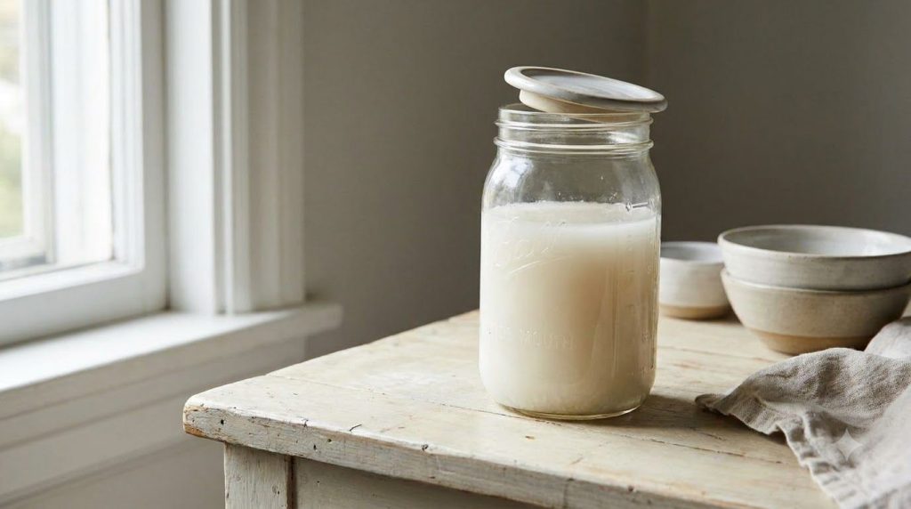 A glass jar filled with cloudy fermented rice water with a loose lid on a kitchen counter ready for storage