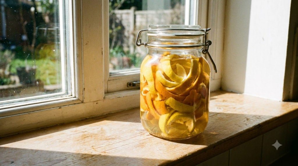 A clear glass jar filled with lemon and orange peels submerged in white vinegar sitting on a sunlit kitchen windowsill i