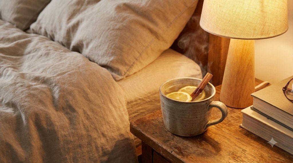 A warm steamy mug with slices of lemon and a cinnamon stick placed on a bedside table in a cozy softly lit bedroom