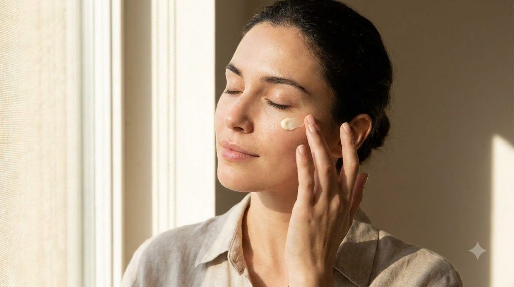 A woman gently massaging a small amount of the Vaseline anti-aging mix onto her face focusing on the under-eye area with
