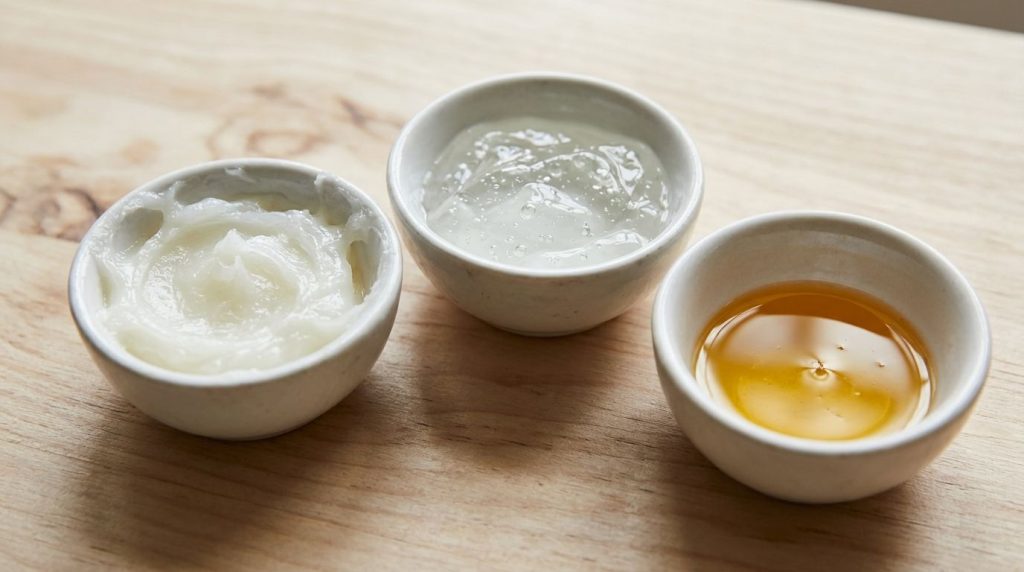 Three small bowls or containers showcasing the individual ingredients Vaseline Aloe Vera Gel and Vitamin E oil Each is c