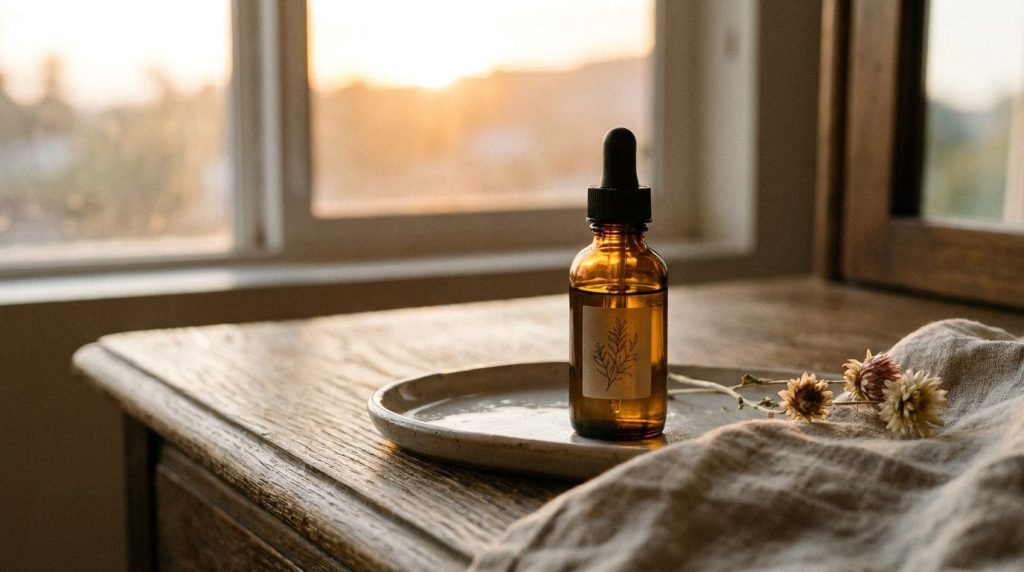 A small amber glass dropper bottle filled with the homemade oil blend placed on a vanity with soft lighting suggesting a