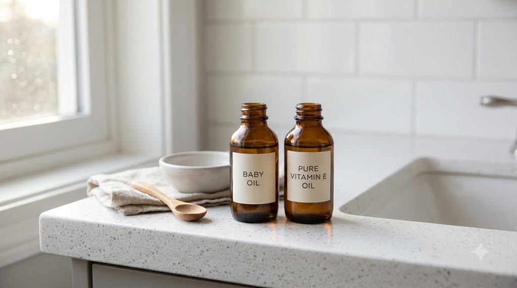 Two small bottles one of baby oil and one of vitamin E oil side by side on a clean surface ready for mixing