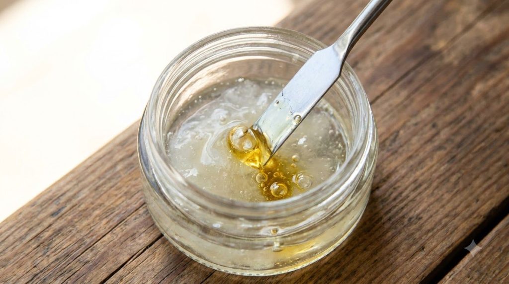 Close-up shot of petroleum jelly being mixed with vitamin E oil from a capsule in a small clear container using a mini s