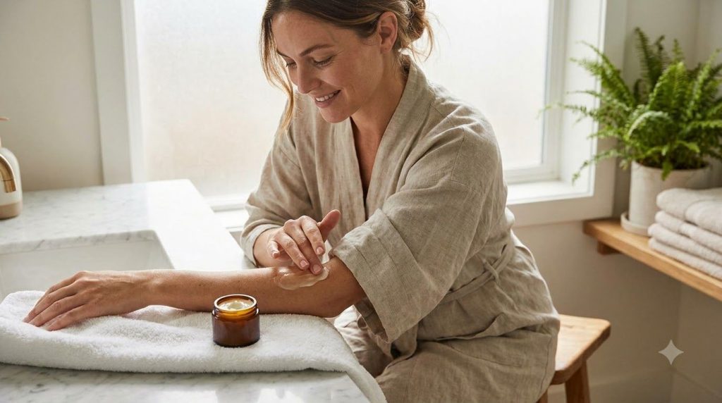 A woman gently massaging the petroleum jelly and vitamin E blend onto her dry elbow showing smooth and hydrated skin