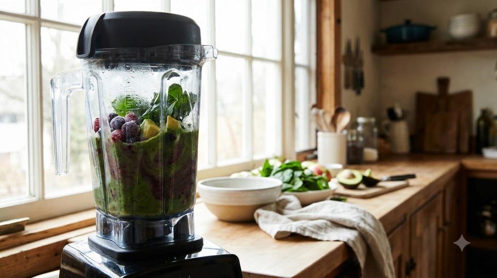 Blender with smoothie ingredients being mixed showing a vortex of green and purple