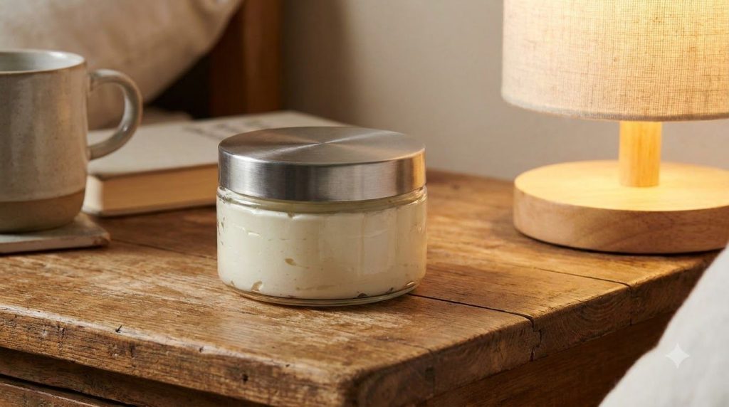 A small clear glass jar of homemade Vaseline anti-aging mix with a lid sitting on a bedside table with a soft light
