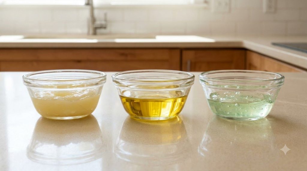 Ingredients for Vaseline anti-aging mix an open jar of Vaseline a bottle of almond oil and a container of aloe vera gel