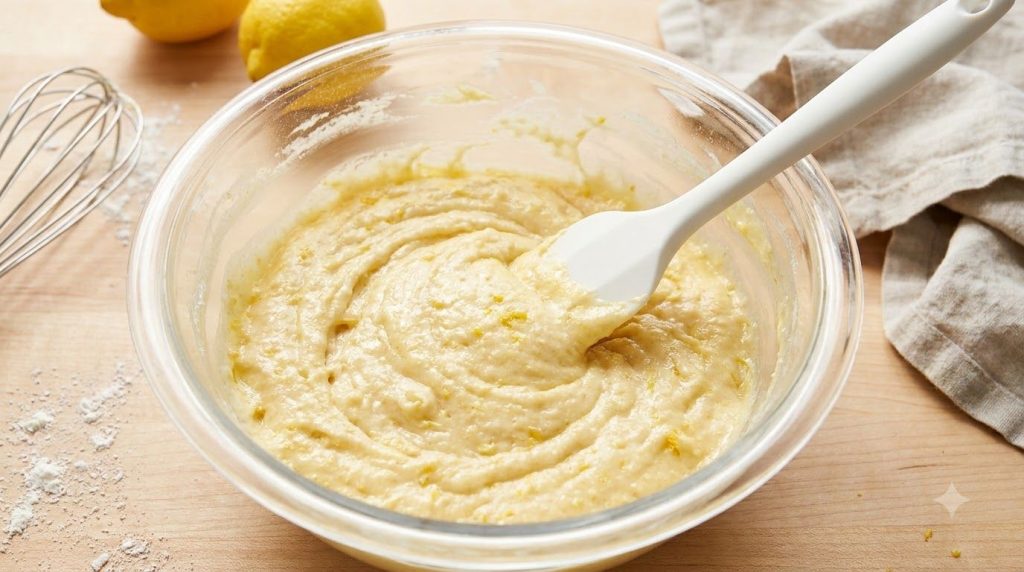 A clear glass bowl containing a thick pale yellow lemon muffin batter being stirred by a white spatula