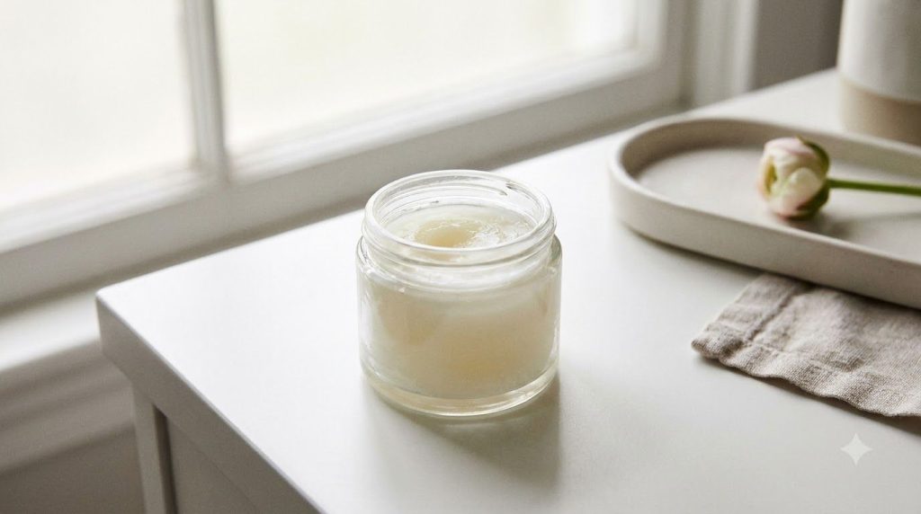 A clear open jar of Vaseline on a clean white vanity with natural light signifying simplicity and purity