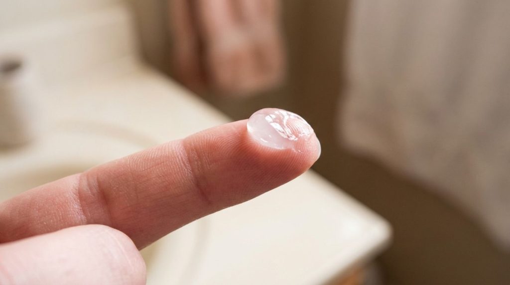 Close-up of a person s clean fingertip with a small pea-sized amount of clear Vaseline on it ready for application