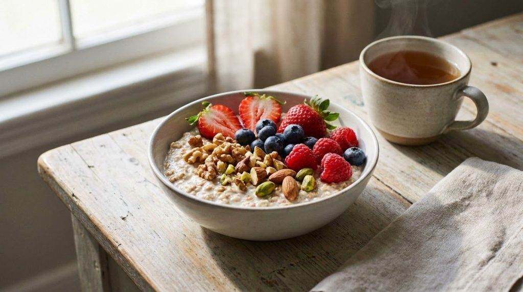 A healthy and colorful breakfast such as overnight oats with berries and nuts or scrambled eggs with whole-wheat toast p