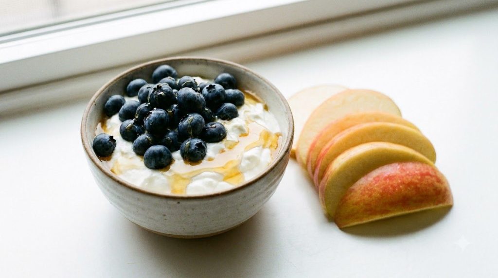 A variety of healthy snack options such as Greek yogurt with berries or an apple with almond butter neatly arranged on a