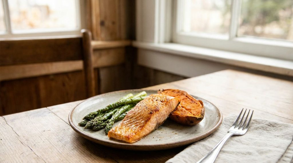 A balanced and appetizing dinner featuring baked salmon with roasted sweet potato and asparagus or a lean ground turkey 