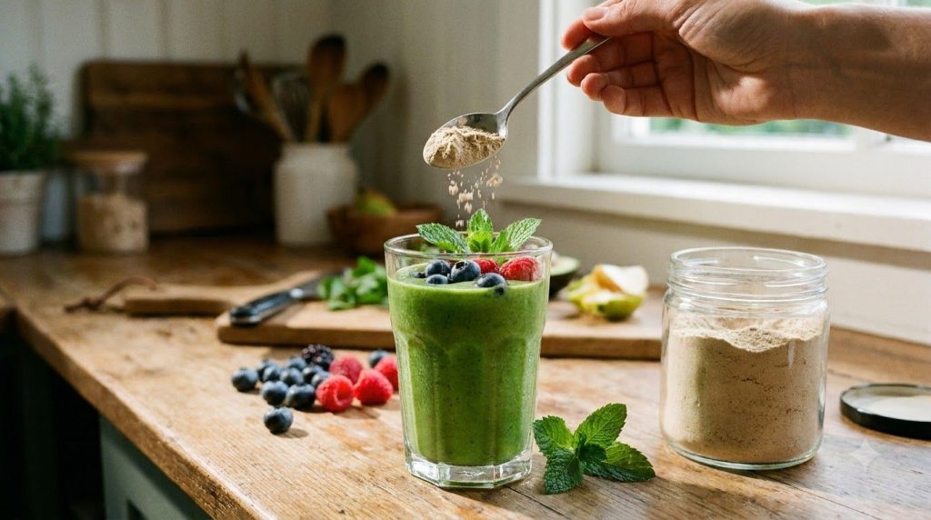 A refreshing green smoothie with a spoon of the beauty powder blend being added garnished with fresh berries and mint