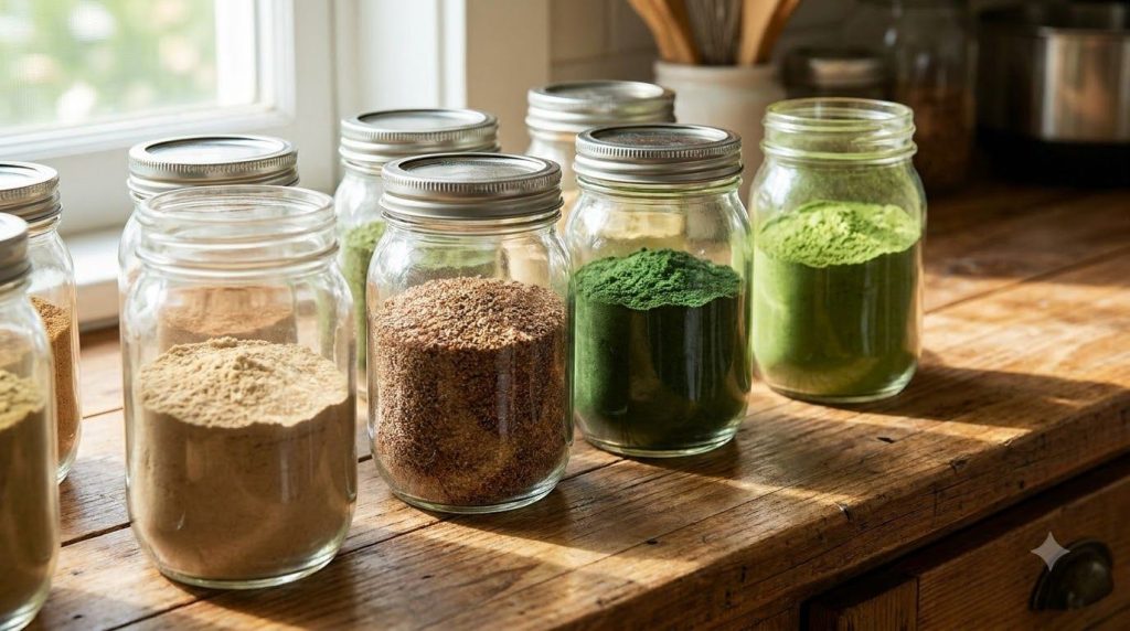 Various jars of powdered ingredients like amla flaxseed spinach and moringa arranged neatly on a wooden counter ready fo