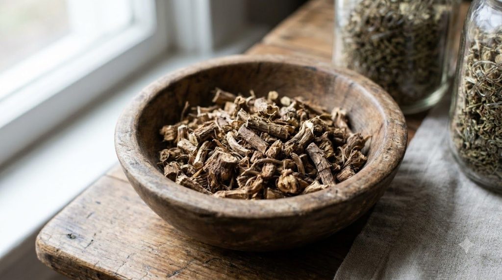 Close-up of dried chopped dandelion roots in a small bowl ready for brewing tea