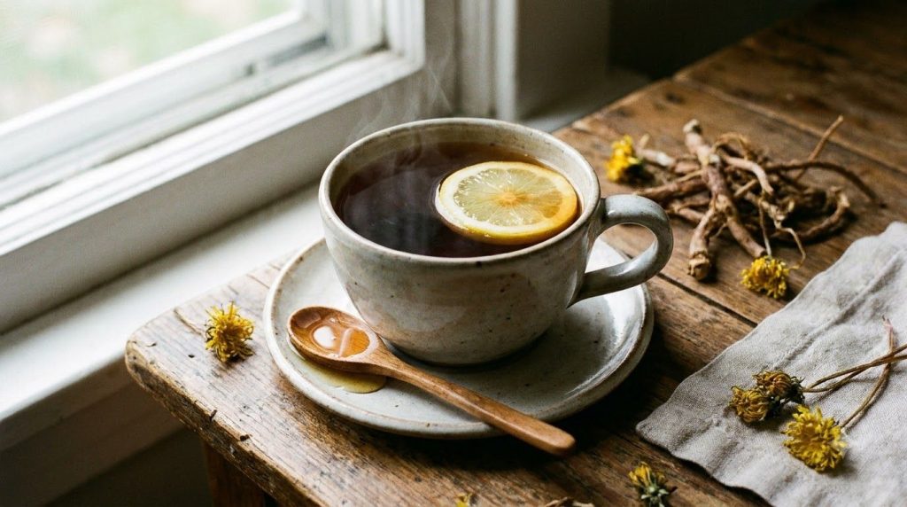 A steaming cup of dandelion root tea with a slice of lemon and a spoon of honey on a rustic wooden table