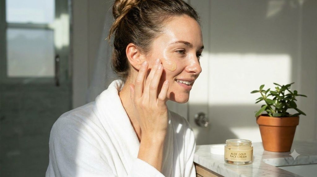 A woman gently massaging golden aloe cream onto her face with her fingertips in a brightly lit bathroom smiling softly w