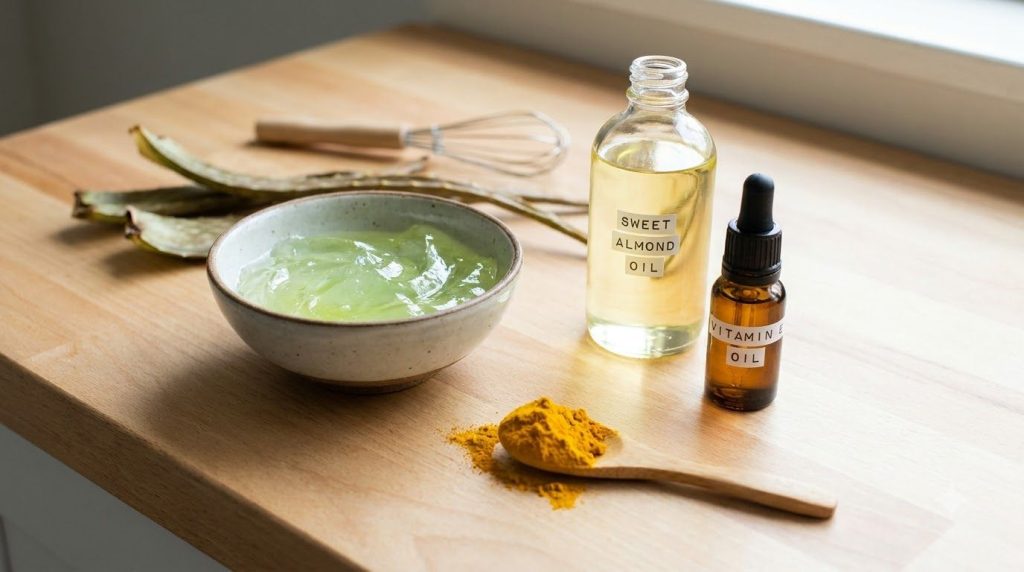Various ingredients for golden aloe cream laid out on a clean counter a bowl of aloe vera gel a small pile of turmeric p