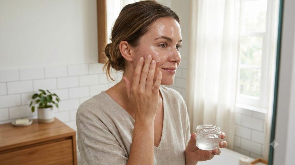 A woman gently massaging a small amount of the homemade gel onto her cheek with a soft glowing complexion