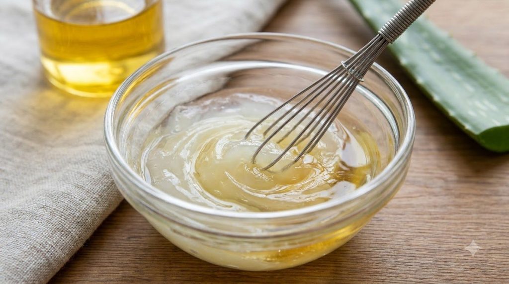 Close-up of a small glass bowl with Vaseline aloe vera gel and vitamin E oil being mixed with a mini whisk