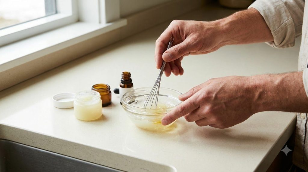A close-up of hands mixing Vaseline aloe vera gel and vitamin E oil in a small bowl with a mini whisk creating a smooth 