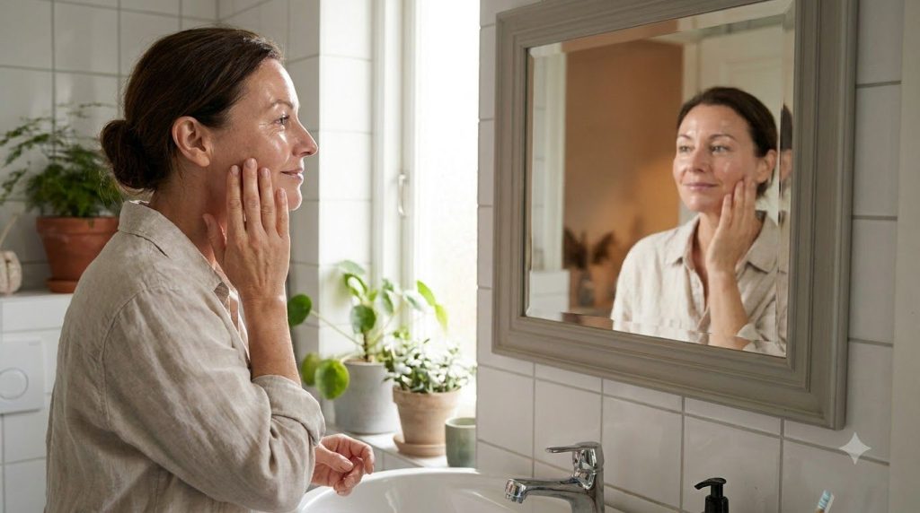 A woman gently touching her smooth radiant cheek looking in a mirror with a soft pleased expression Her skin appears hyd