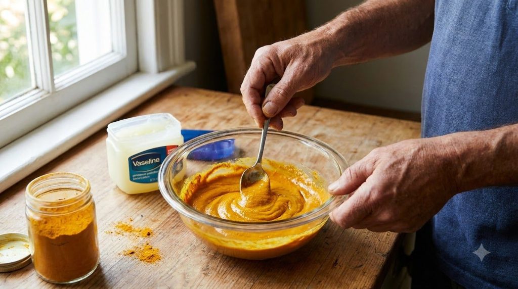 A person s hands mixing yellow turmeric powder and Vaseline in a small glass bowl with a spoon showing the creamy textur