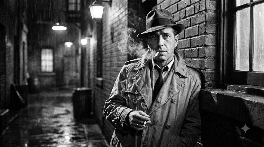 A black and white publicity photo of Humphrey Bogart wearing a fedora and trench coat smoking a cigarette embodying his 