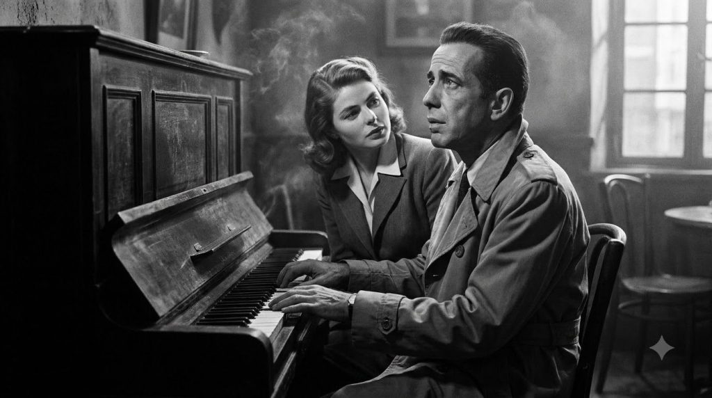 A real movie still from the film Casablanca showing Humphrey Bogart as Rick Blaine and Ingrid Bergman as Ilsa Lund at th