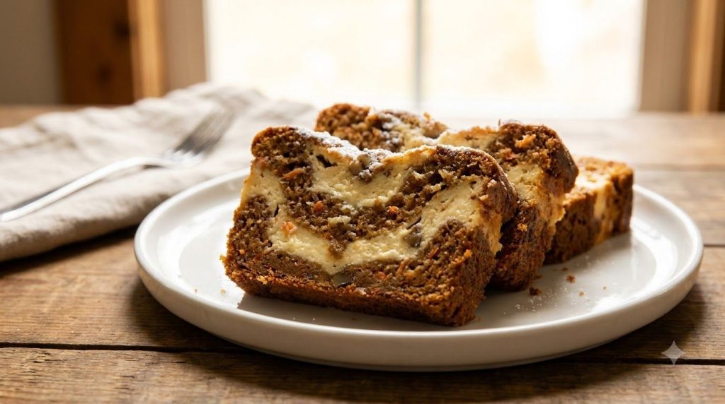 Several neatly cut slices of carrot cake cheesecake loaf arranged on a white plate showcasing the distinct swirled patte