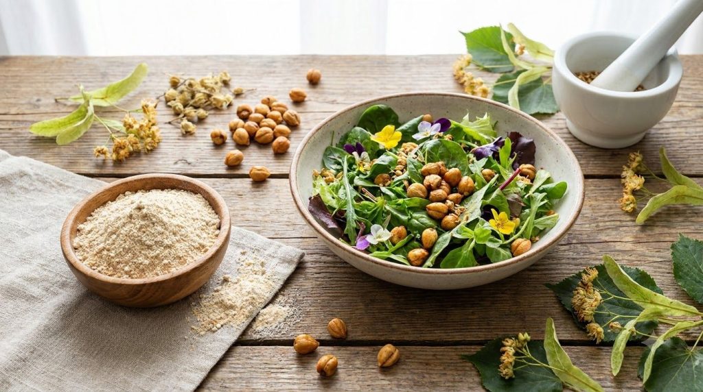 Various culinary preparations featuring linden seeds such as a salad topped with seeds and a small bowl of linden seed f
