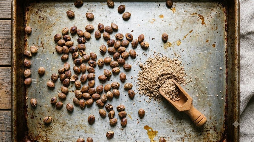 Roasted linden seeds scattered on a baking sheet with some ground into a coarse powder