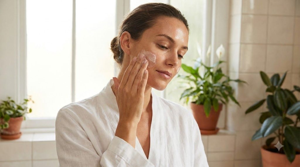 Una mujer aplicando una crema de color claro en su rostro en un entorno de baño con un suave resplandor en su piel