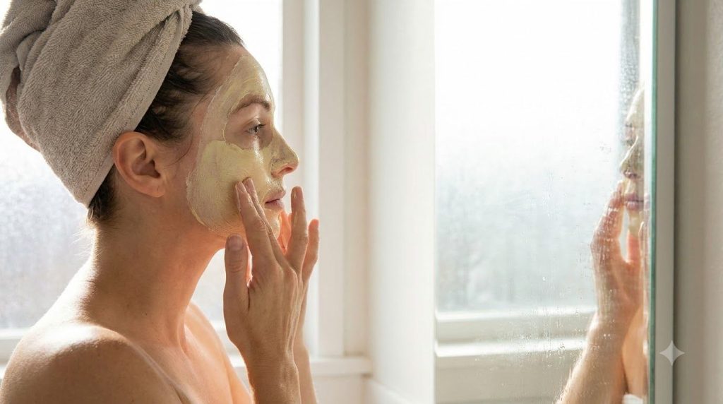 A woman gently applying a yellow turmeric face mask to her clean face in a bathroom mirror