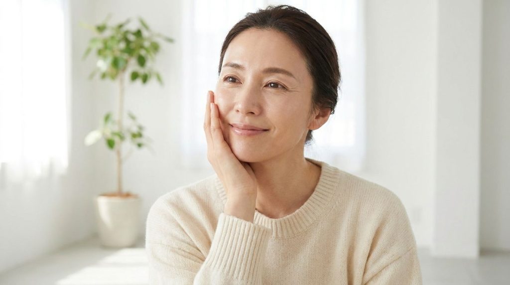 A woman touching her smooth radiant cheek with a soft smile after using a beauty mask showcasing glowing skin