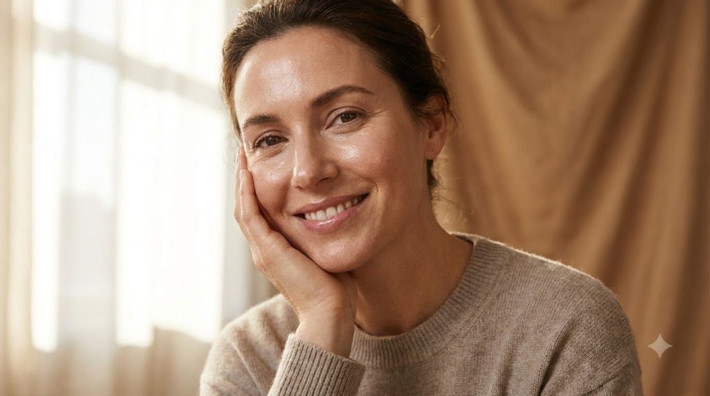 A woman gently touching her cheek which appears smooth luminous and hydrated reflecting a glass skin effect The light ca