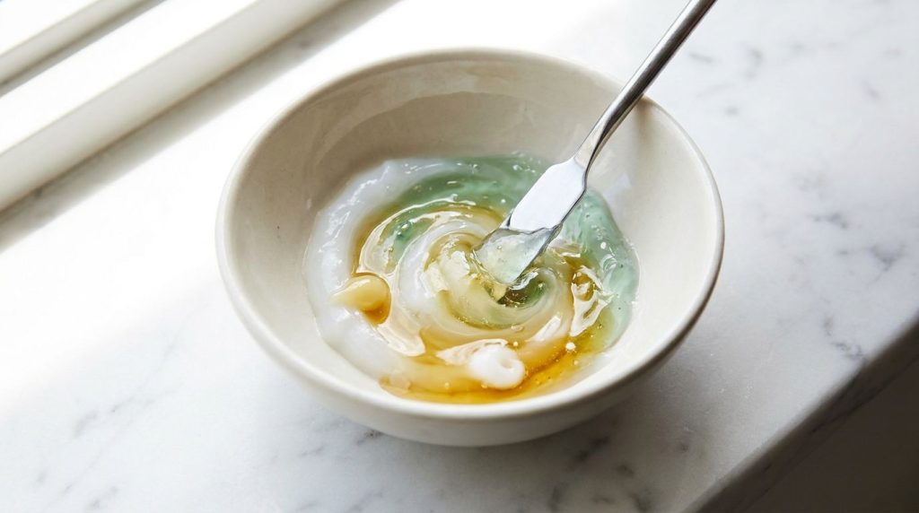 A close-up shot of a small bowl where Vaseline aloe vera gel and vitamin E oil are being mixed together with a tiny spat