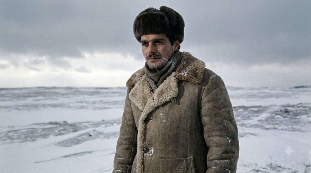 Omar Sharif as Doctor Zhivago in a dramatic snowy scene wearing a thick coat and hat