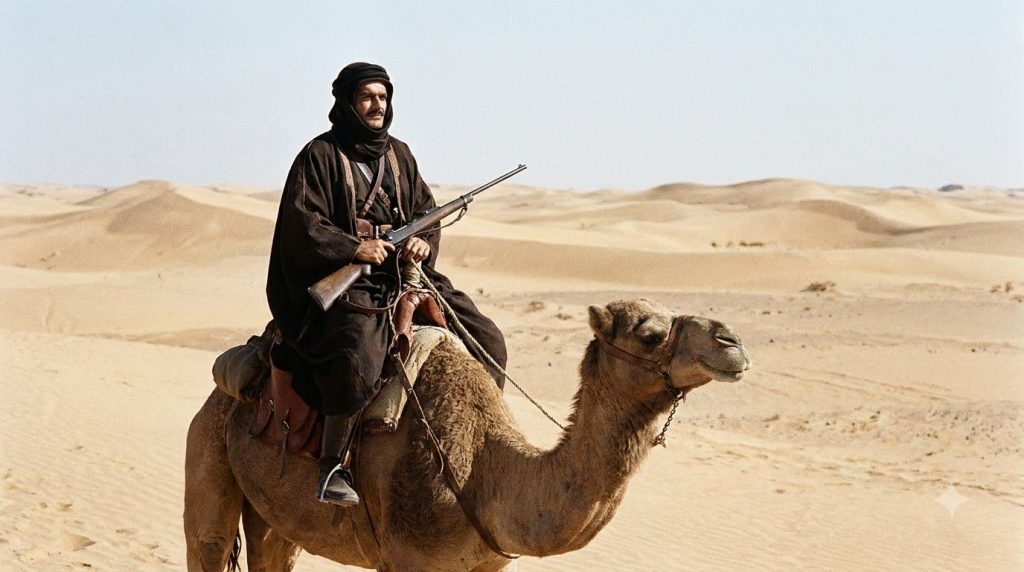 Omar Sharif in his iconic role as Sherif Ali from Lawrence of Arabia wearing traditional desert attire